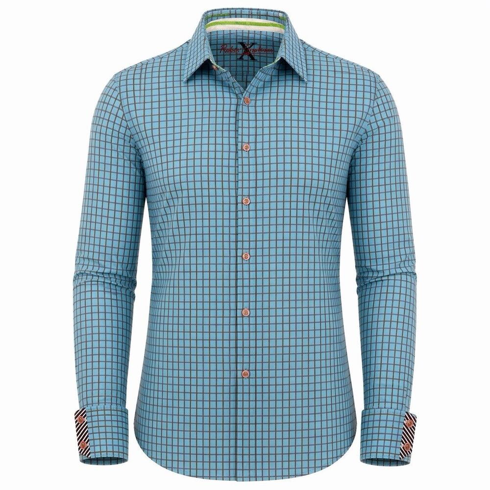 Robert Graham Mens Large Blue Check Button Down Shirt Contrast Cuff Flip Cuff